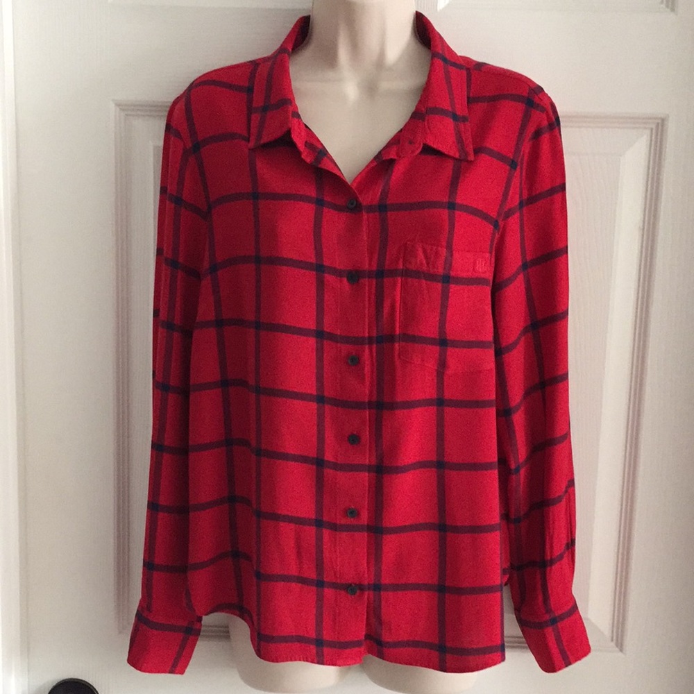 Tommy Hilfiger Red & Navy Plaid Long Sleeve Top L